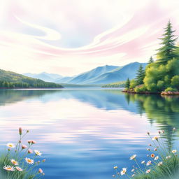 A beautiful, serene lakeside scene depicted in a watercolor painting style for a book cover