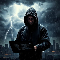 A mysterious hooded hacker standing in the midst of a raging storm, surrounded by dark, ominous clouds and flashes of lightning illuminating the scene