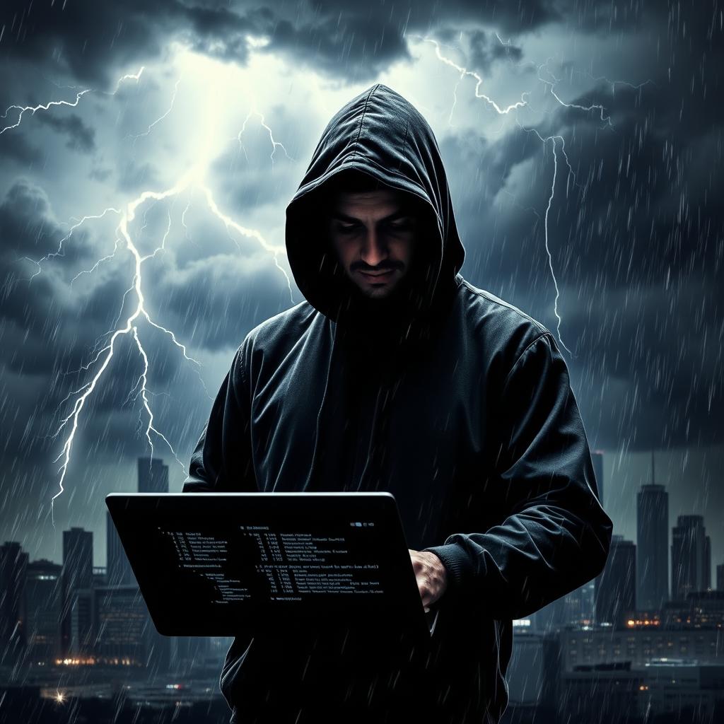 A mysterious hooded hacker standing in the midst of a raging storm, surrounded by dark, ominous clouds and flashes of lightning illuminating the scene