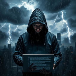 A mysterious hooded hacker standing in the midst of a raging storm, surrounded by dark, ominous clouds and flashes of lightning illuminating the scene