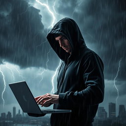 A mysterious hooded hacker standing in the midst of a raging storm, surrounded by dark, ominous clouds and flashes of lightning illuminating the scene