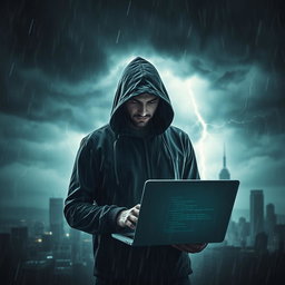 A mysterious hooded hacker standing in the midst of a raging storm, surrounded by dark, ominous clouds and flashes of lightning illuminating the scene