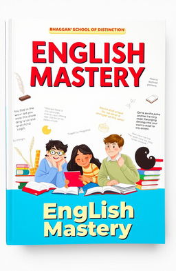 A vibrant and educational scene showcasing a high-quality English textbook designed for Bhaggan's School of Distinction