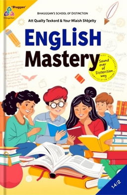 A vibrant and educational scene showcasing a high-quality English textbook designed for Bhaggan's School of Distinction