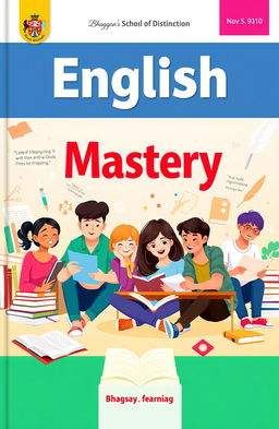 A vibrant and educational scene showcasing a high-quality English textbook designed for Bhaggan's School of Distinction