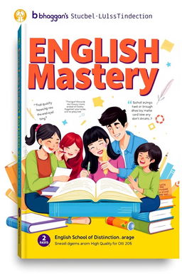 A vibrant and educational scene showcasing a high-quality English textbook designed for Bhaggan's School of Distinction