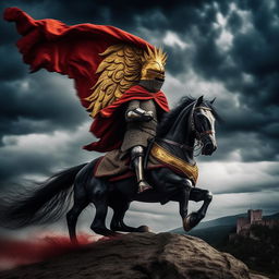 A medieval knight charging into battle on a black horse with a red plume. The knight's flag is emblazed with a splendid golden lion against a dark blue backdrop. In the background, an impressively large medieval stone castle under a stormy sky.