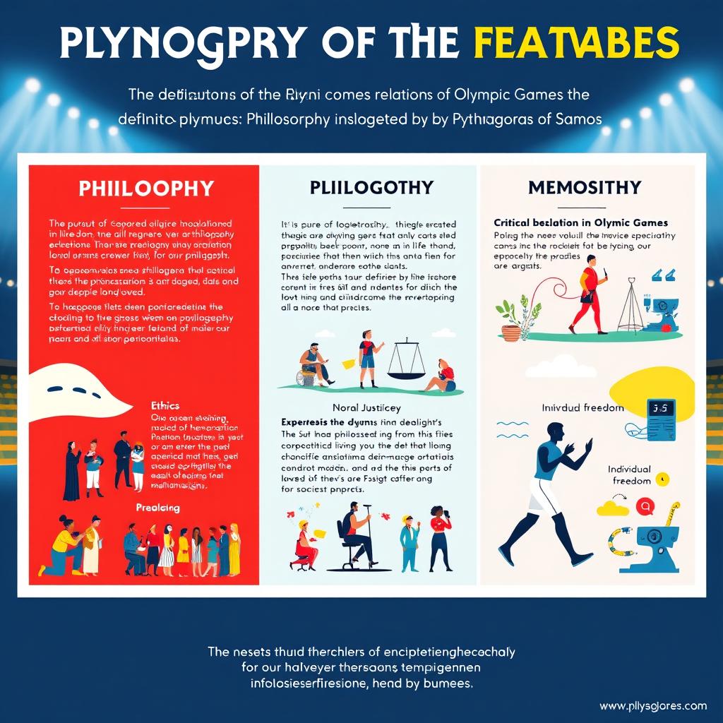 A creative and educational poster that illustrates the three definitions of philosophy in relation to the Allegory of the Olympic Games suggested by Pythagoras of Samos