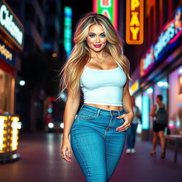 A full length photograph of a stunning, curvy young woman with very thick, long, messy dirty blond hair cascading down her shoulders