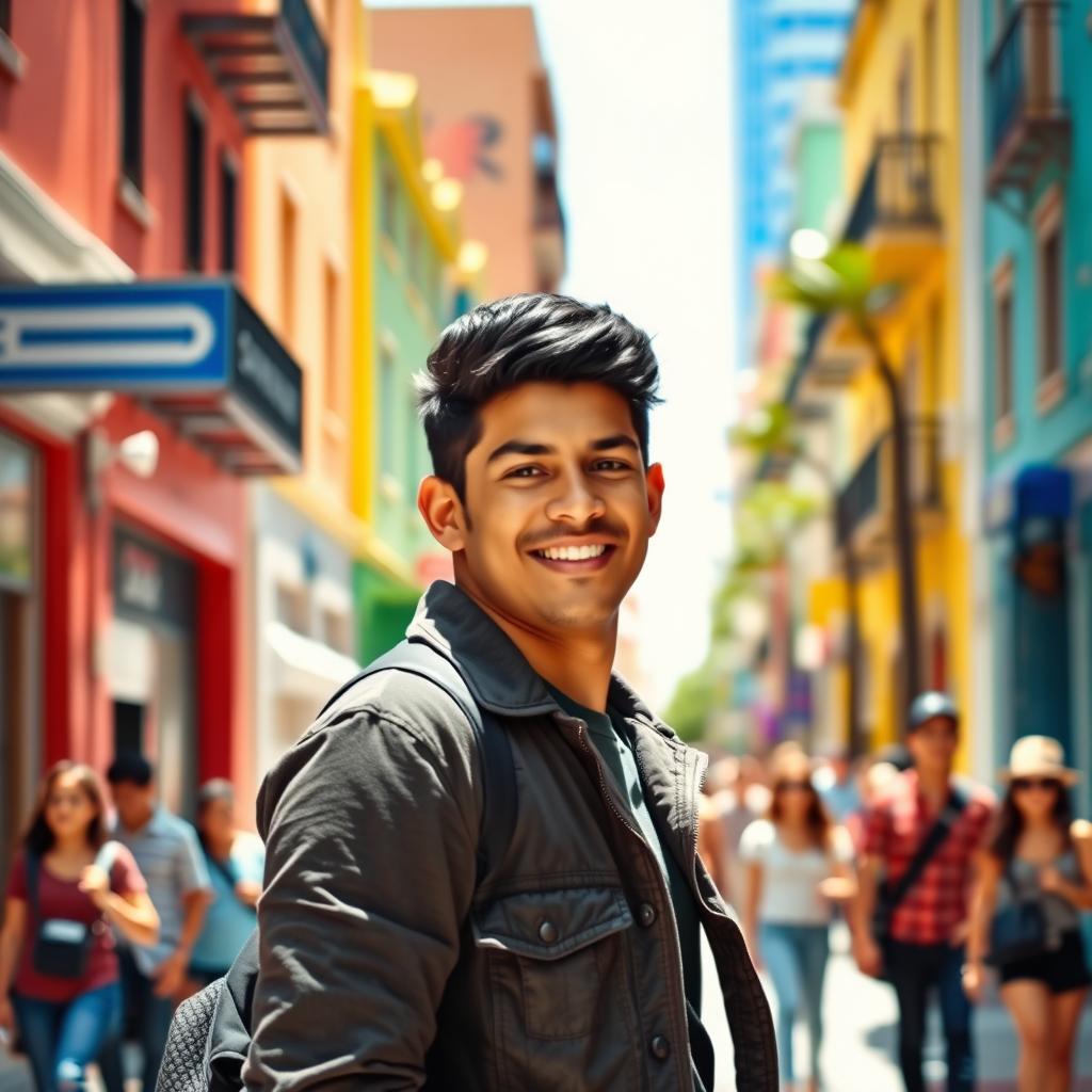 A vibrant street scene featuring Joab Uribe Carrillo, a handsome young man in his mid-20s with short black hair and brown eyes, wearing casual stylish clothing