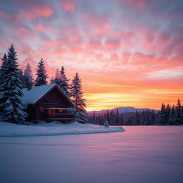 A beautiful and serene winter landscape at sunset, featuring a cozy cabin nestled amongst snow-covered pine trees