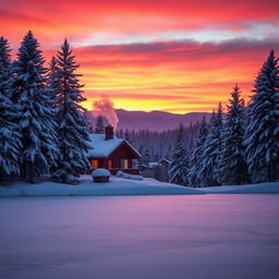 A beautiful and serene winter landscape at sunset, featuring a cozy cabin nestled amongst snow-covered pine trees