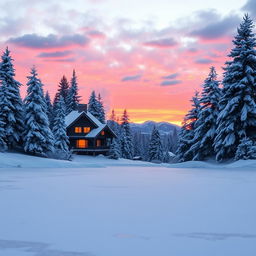 A beautiful and serene winter landscape at sunset, featuring a cozy cabin nestled amongst snow-covered pine trees