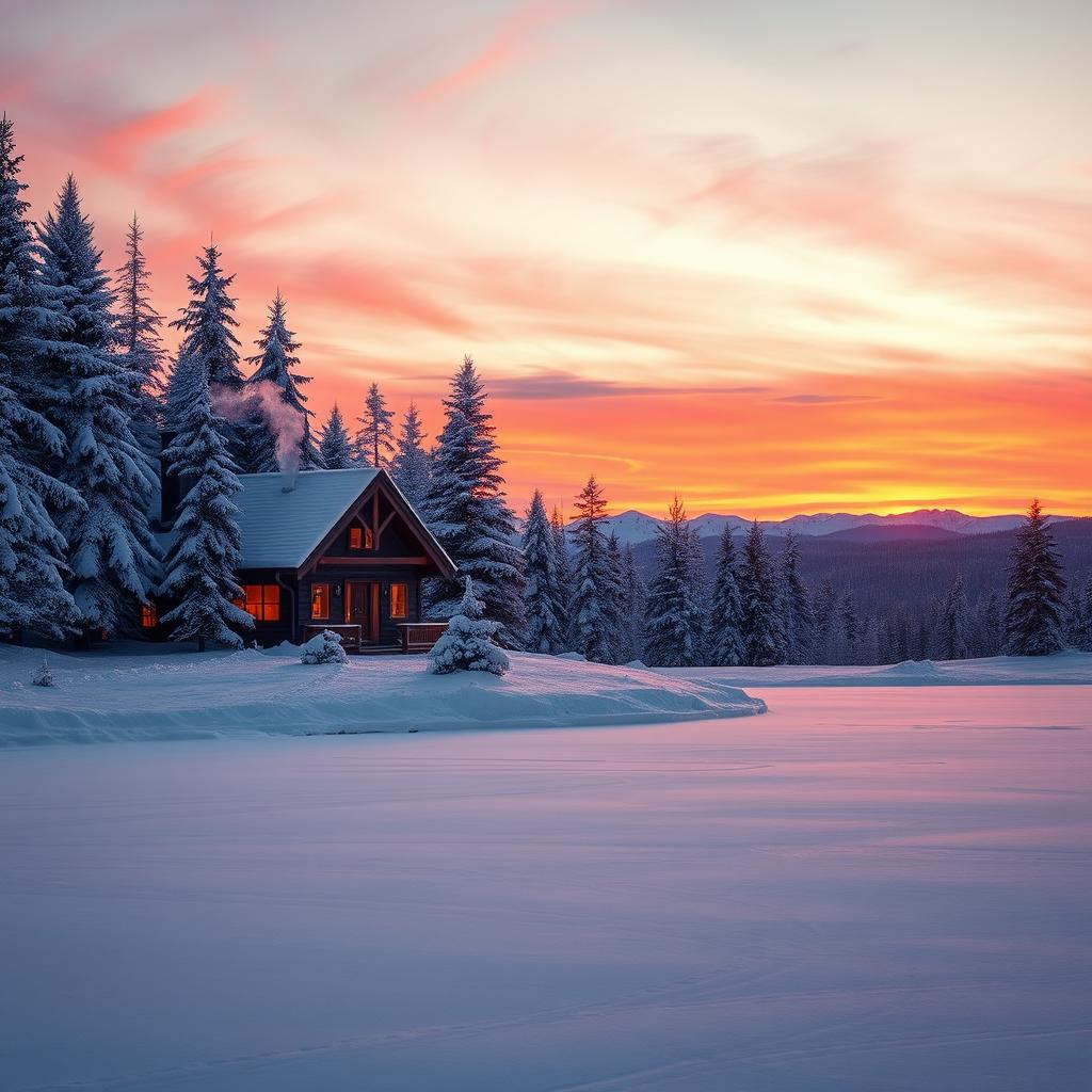 A beautiful and serene winter landscape at sunset, featuring a cozy cabin nestled amongst snow-covered pine trees
