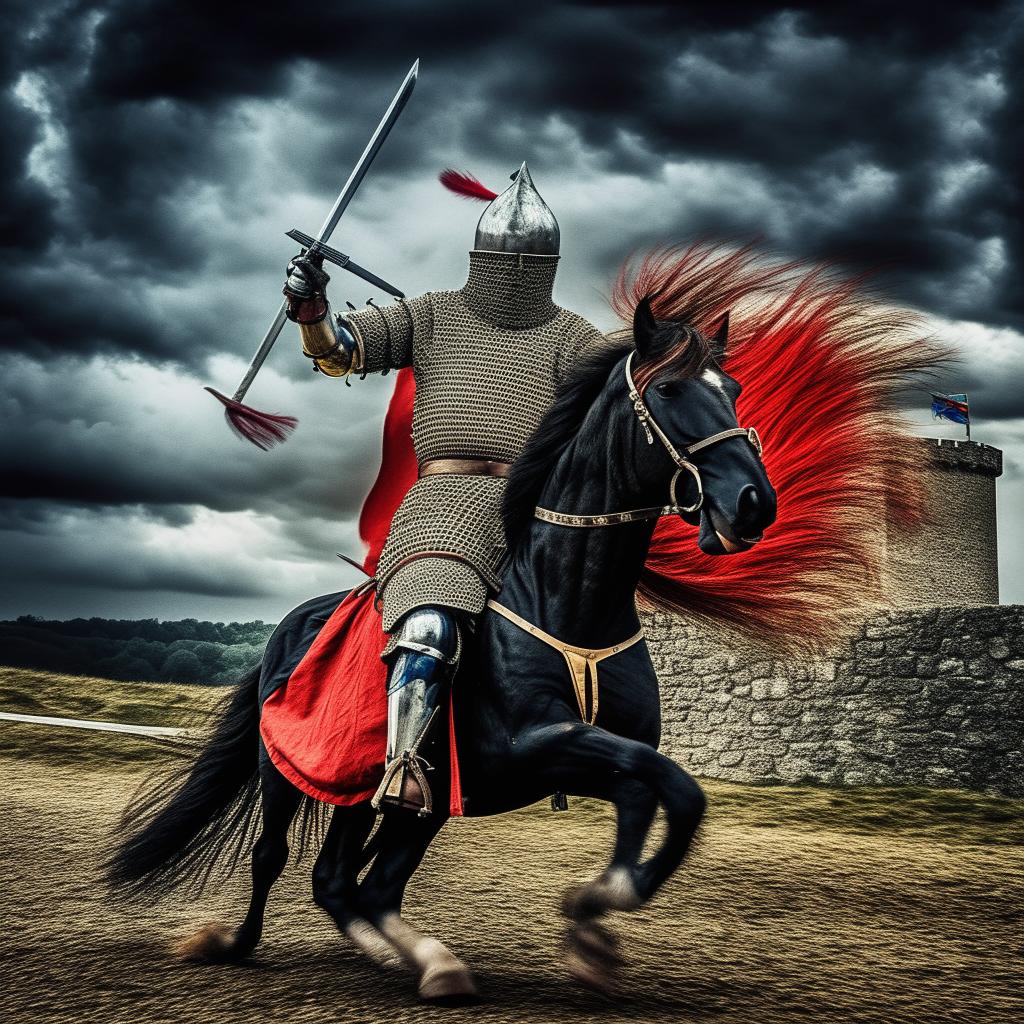 A medieval knight charging into battle on a black horse with a red plume. The knight's flag is emblazed with a splendid golden lion against a dark blue backdrop. In the background, an impressively large medieval stone castle under a stormy sky.