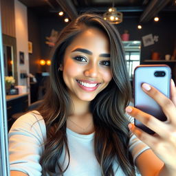 A young woman taking a selfie in a salon mirror, showcasing her long hair and slightly dark skin