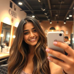 A young woman taking a selfie in a salon mirror, showcasing her long hair and slightly dark skin