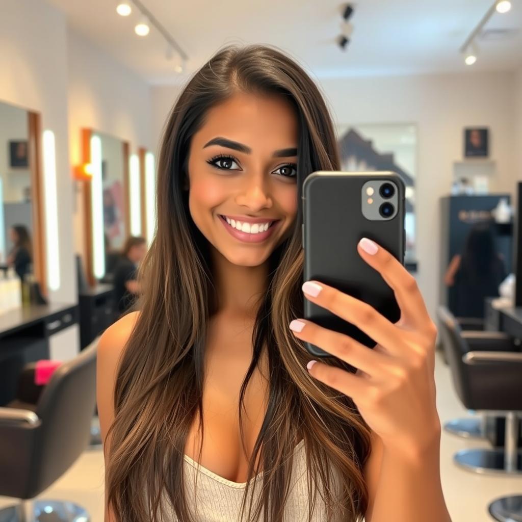 A young woman taking a selfie in a salon mirror, showcasing her long hair and slightly dark skin