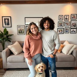 A heartwarming family photo featuring two people standing together in a beautifully decorated living room