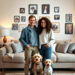 A heartwarming family photo featuring two people standing together in a beautifully decorated living room