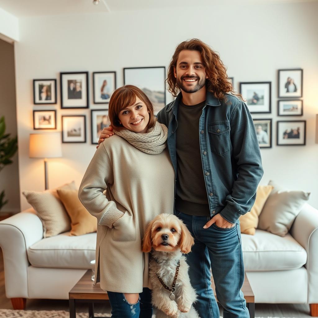 A heartwarming family photo featuring two people standing together in a beautifully decorated living room