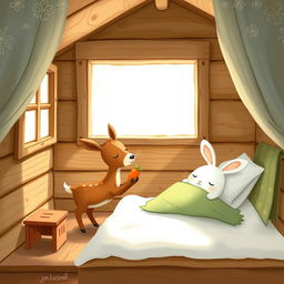 Inside a cozy wooden cabin, a small brown deer is holding a carrot, while a little white rabbit is sleeping peacefully on a bed nearby
