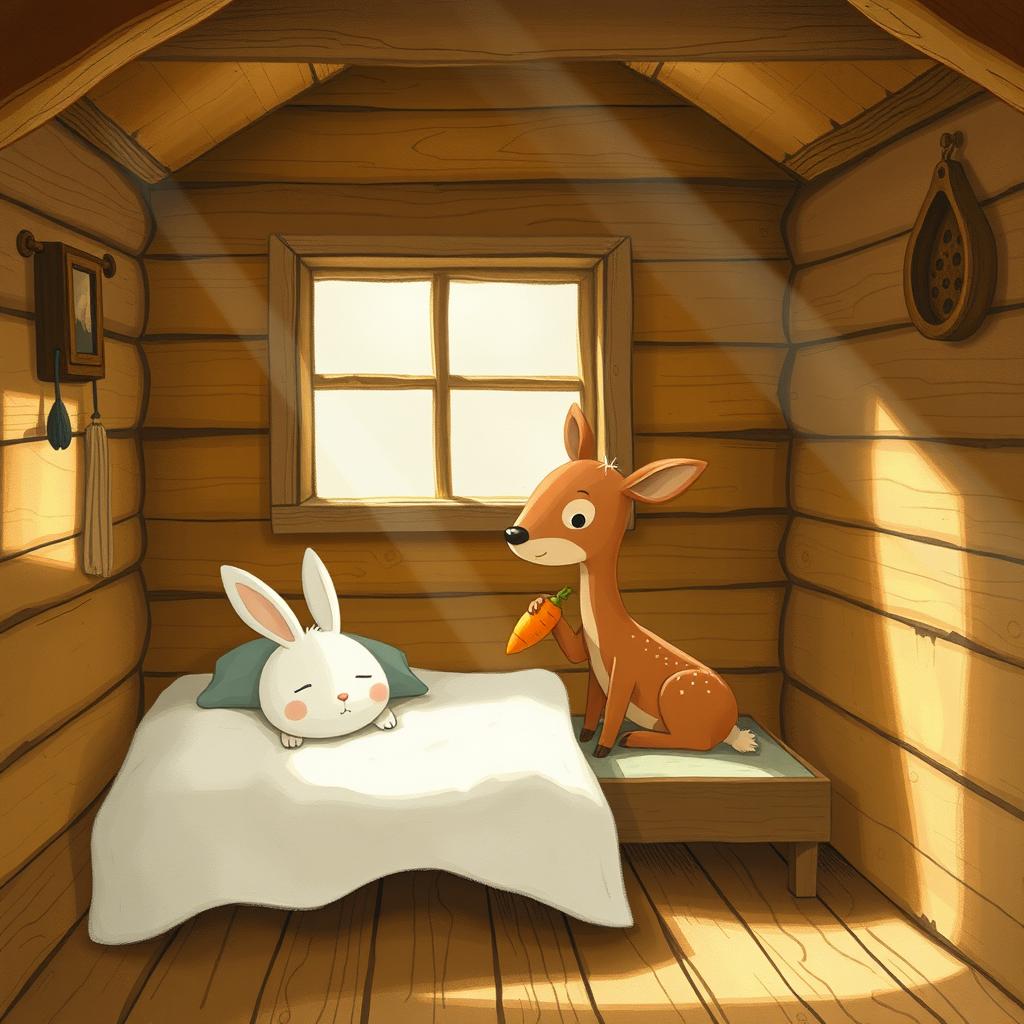 Inside a cozy wooden cabin, a small brown deer is holding a carrot, while a little white rabbit is sleeping peacefully on a bed nearby