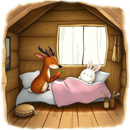 Inside a cozy wooden cabin, a small brown deer is holding a carrot, while a little white rabbit is sleeping peacefully on a bed nearby