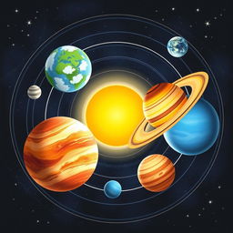 A beautifully detailed illustration of the solar system depicting all the planets in their orbits around the Sun