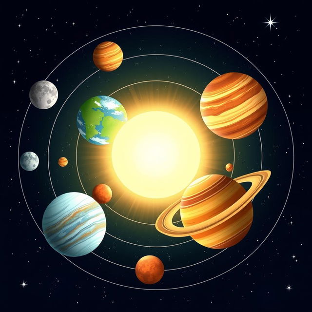 A beautifully detailed illustration of the solar system depicting all the planets in their orbits around the Sun