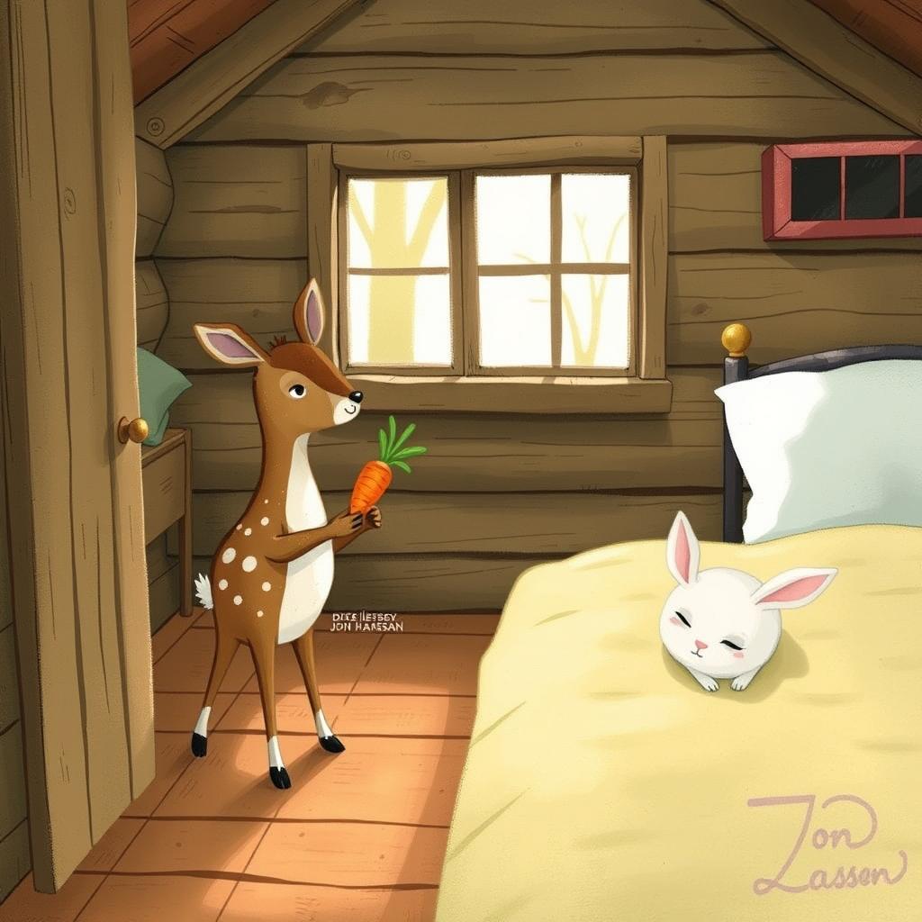 Inside a cozy wooden cabin, a small brown spotted deer is holding a carrot while standing in the room