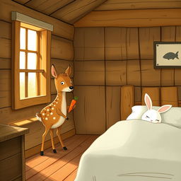 Inside a cozy wooden cabin, a small brown spotted deer is holding a carrot while standing in the room