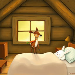 Inside a cozy wooden cabin, a small brown spotted deer is holding a carrot while standing in the room