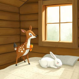 Inside a cozy wooden cabin, a small brown spotted deer is holding a carrot while standing in the room