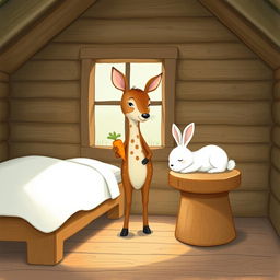 Inside a cozy wooden cabin, a small brown spotted deer is standing and holding a carrot