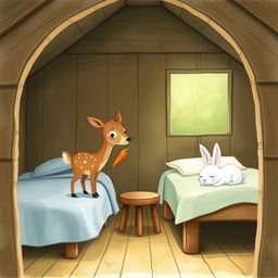 Inside a cozy wooden cabin, a small brown spotted deer is standing and holding a carrot
