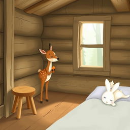 Inside a cozy wooden cabin, a small brown spotted deer is standing and holding a carrot
