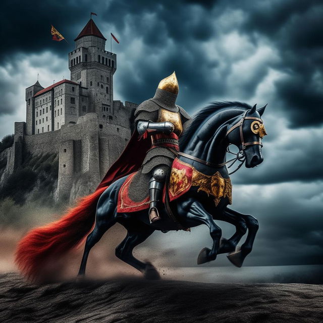 A medieval knight charging into battle on a black horse with a red plume. The knight's flag is emblazed with a splendid golden lion against a dark blue backdrop. In the background, an impressively large medieval stone castle under a stormy sky.