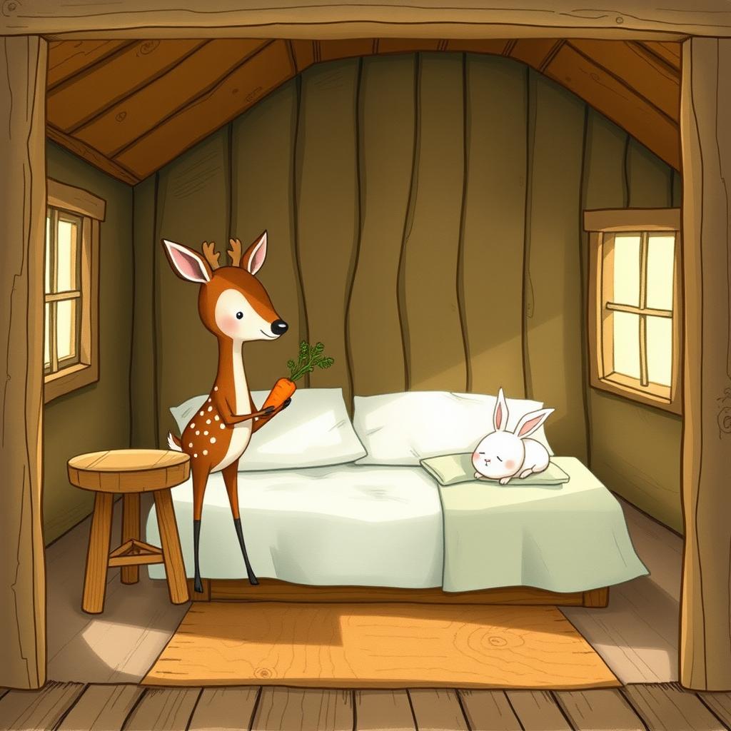 Inside a cozy wooden cabin, a small brown spotted deer is standing and holding a carrot