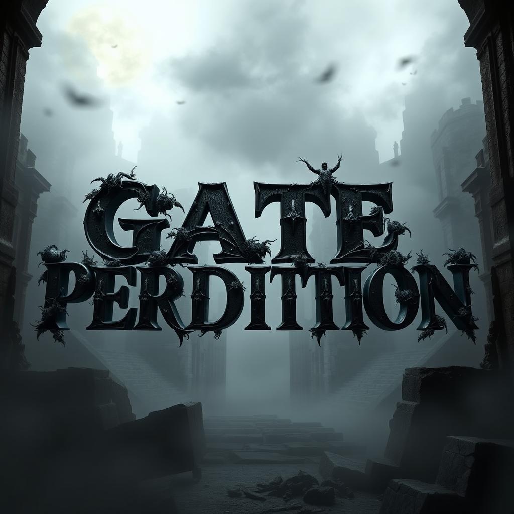 A captivating 3D representation of the phrase 'GATE OF PERDITION', styled with a vintage cinematic horror theme