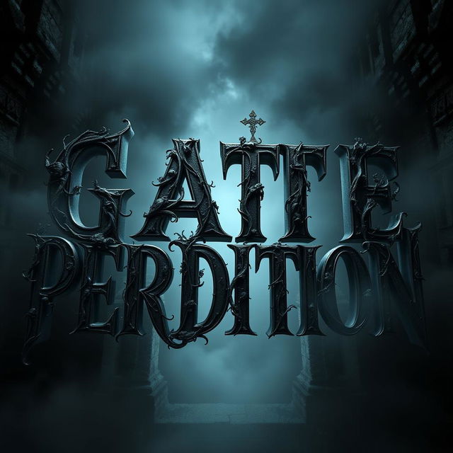 A captivating 3D representation of the phrase 'GATE OF PERDITION', styled with a vintage cinematic horror theme