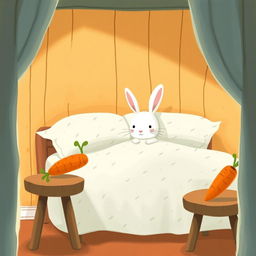 Inside a cozy room, a little white rabbit is awake on the bed, looking curious and alert