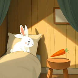 Inside a cozy room, a little white rabbit is awake on the bed, looking curious and alert