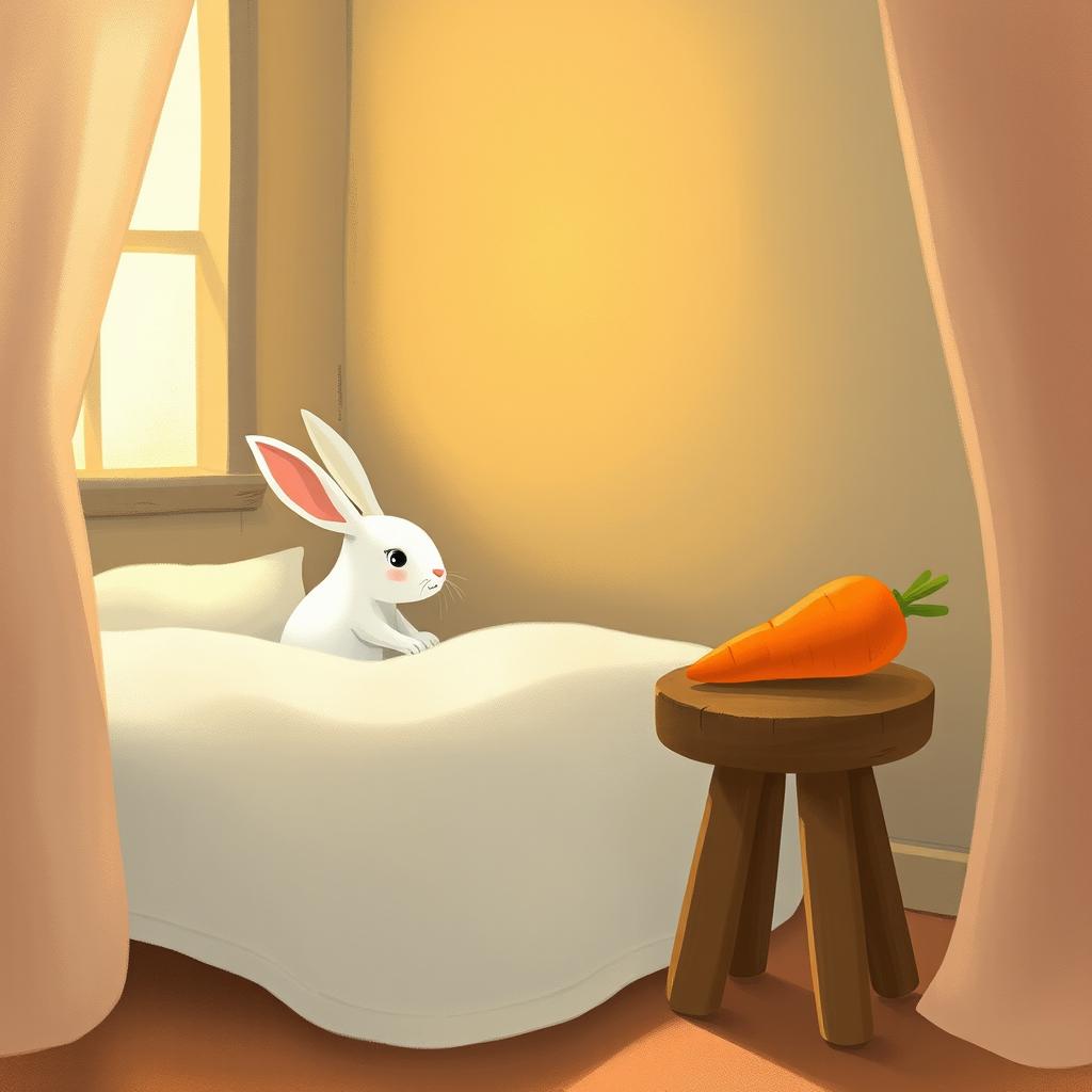 Inside a cozy room, a little white rabbit is awake on the bed, looking curious and alert
