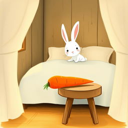 Inside a cozy room, a little white rabbit is awake on the bed, looking curious and alert