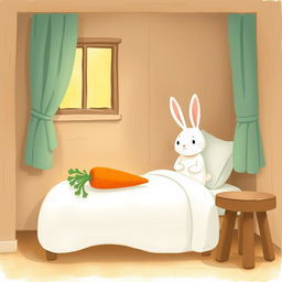 Inside a charming room, a little white rabbit is awake on the bed, looking curious and lively
