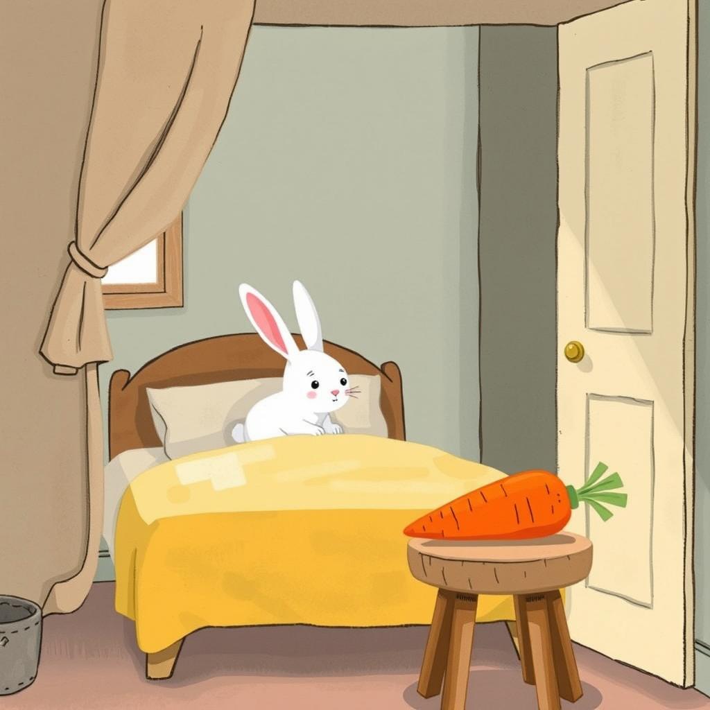 Inside a charming room, a little white rabbit is awake on the bed, looking curious and lively