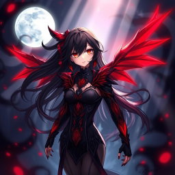 A beautifully illustrated character named Raynare, featuring her with dark, flowing hair and striking crimson eyes