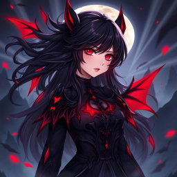 A beautifully illustrated character named Raynare, featuring her with dark, flowing hair and striking crimson eyes