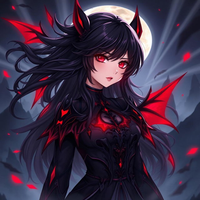 A beautifully illustrated character named Raynare, featuring her with dark, flowing hair and striking crimson eyes